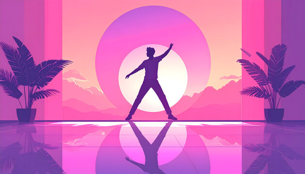 Dancing person silhouette reflected in circular mirror on pink and purple floor capturing rhythmic movement of discofox generative AI