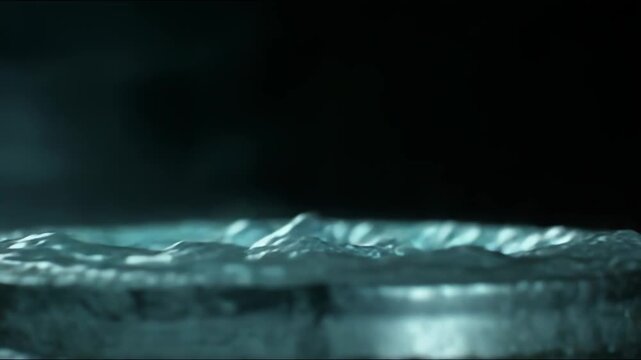 Dynamic water droplets splashing onto a dark surface, creating an intricate crown splash and ripples, illustrating impact, movement, and the refreshingly clear nature of liquid