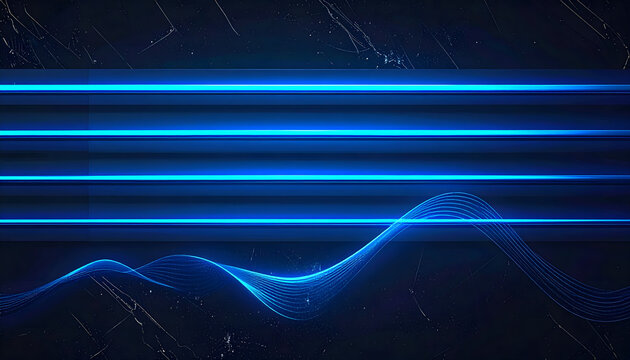 Four thick neon blue bass strings on charcoal background with vibrating wave symbolizing rhythm low frequency and modern electronic generative AI