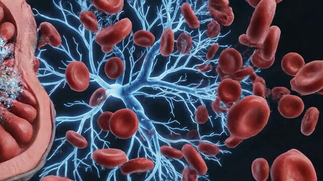 Dynamic 3D Render of Red Blood Cells Flowing Through Human Circulatory System in Detailed Arterial Network Portrayal