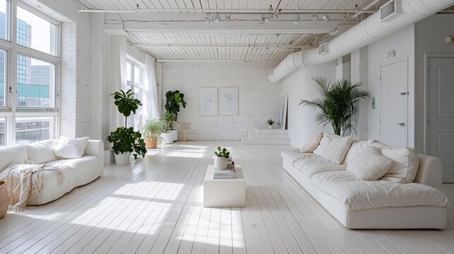 Bright, airy loft studio with white couches, plants, and abundant natural light