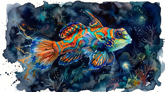 Vibrant watercolor mandarin dragonet fish, colorful psychedelic tropical fish illustration, exotic marine life on dark blue background