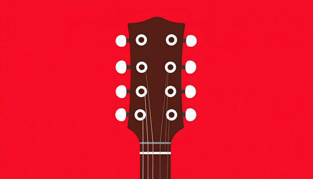 Guitar headstock illustration black outline and white tuning pegs on red background emphasizing the iconic industrial shape of rock music generative AI