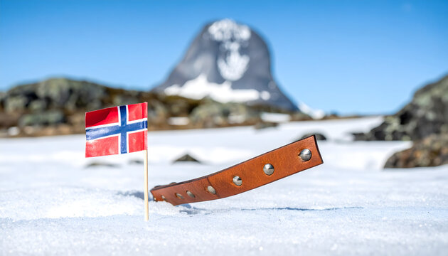 Mountain shaped like corpsepaint head with sharp studded leather strap and tiny norwegian flag in snow minimalist cold cinematic landscape generative AI