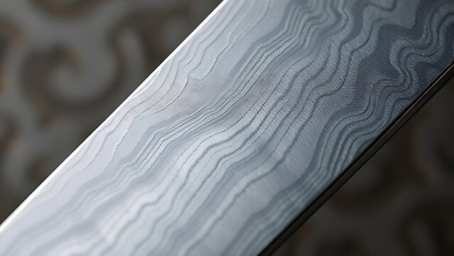 Damascus steel knife blade showing wavy light and dark metal grain pattern.