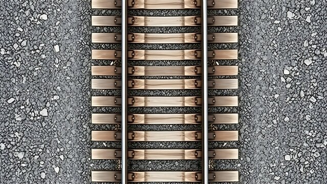 Top-down view of parallel railway tracks and wooden sleepers creating geometric lines.