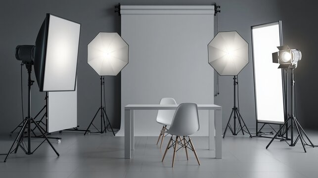 Professional photography studio setup with softbox lighting, backdrop, and modern table with chairs for portraits and product shots