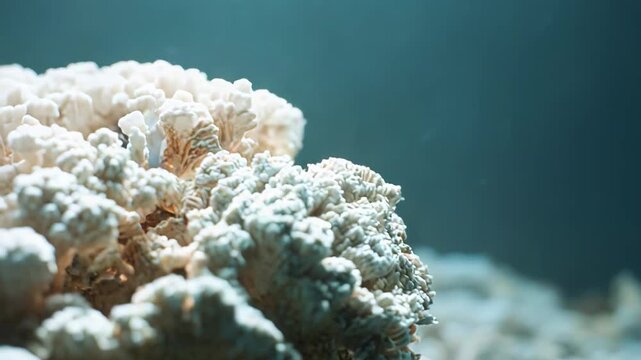 Coral polyps forming intricate structures on an underwater reef, displaying the delicate patterns and natural beauty of marine biology in a deep blue environment
