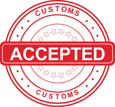 A customs stamp shows an accepted status with red graphics.