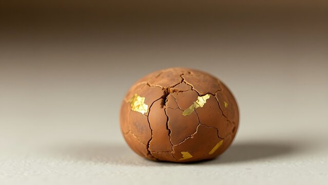 An ancient terracotta figurine repaired with gold lacquer in the kintsugi style, cracks highlighted.