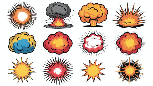 Vibrant cartoon comic style explosion and impact visual effect set, featuring diverse blast designs and radiant starburst elements for graphic projects