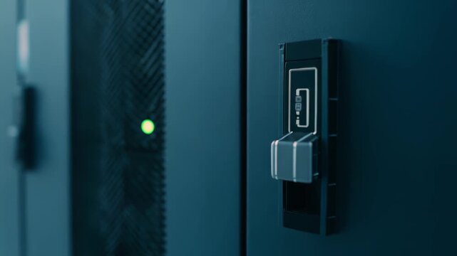 Server rack handle with a green indicator light glowing in a modern data center, symbolizing connectivity, data storage, and advanced computing infrastructure