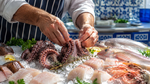 Fresh seafood octopus fish shrimp chef ice market preparation Mediterranean style