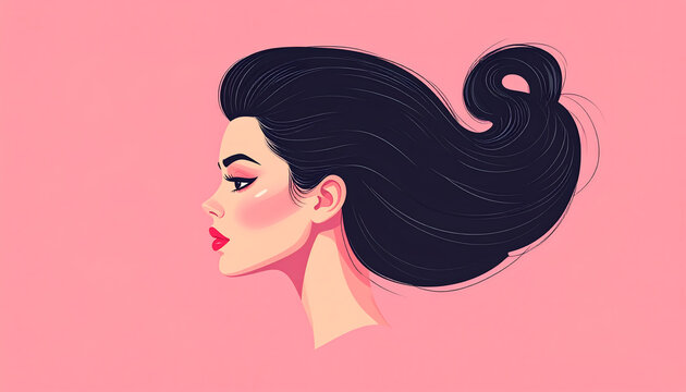 Stylized rockabilly hairstyle as a black sweeping wave on pink background symbolizing rebellious fashion and the birth of rock and generative AI