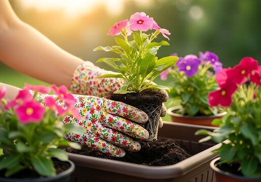 Hands planting pink vinca flowers gardening