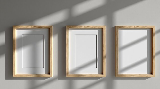 Three blank wooden picture frames mounted on a light gray wall with dramatic shadow patterns from window blinds