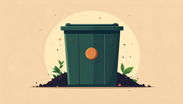 Compost bin illustration in dark green with a brown circle on tan background symbolizing sustainability and organic recycling through minimalist design generative AI