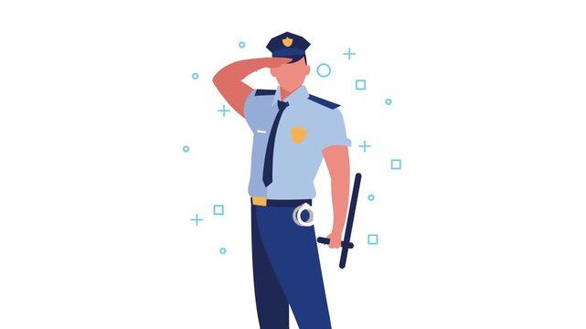 Police officer character saluting in uniform with nightstick and handcuffs animation on white background.