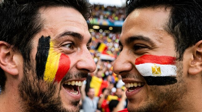 Happy male football fans with Belgium and Egypt flags face paint laughing in crowded soccer stadium