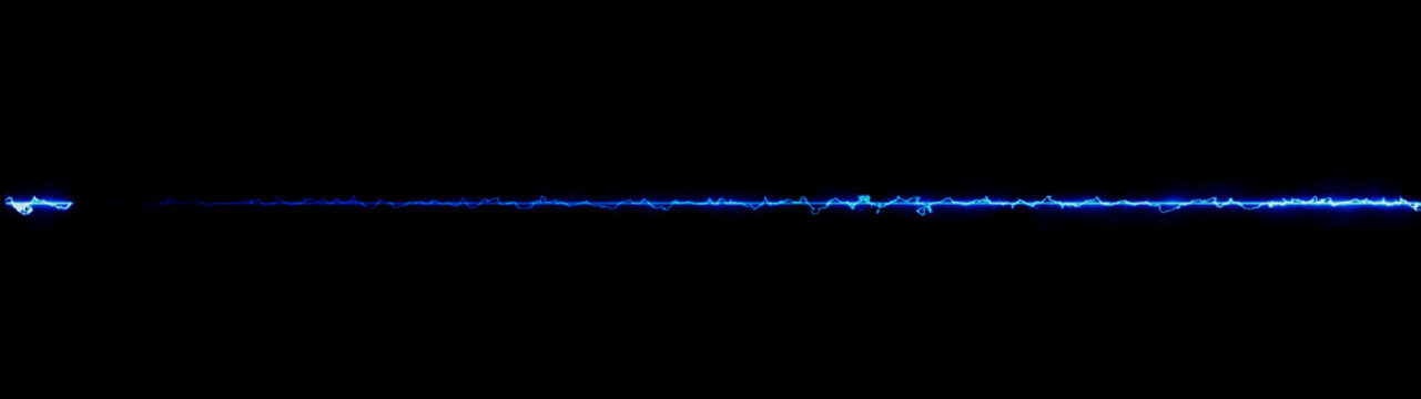 Electric horizontal blue lightning bolt discharge with glowing plasma energy against black background.