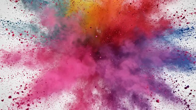 Colorful powder explosion on white background ideal for sleek commercial backgrounds and title sequences