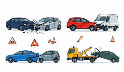 Fototapeta premium Road accident damaged cars vector set for insurance repair and traffic safety illustration collection