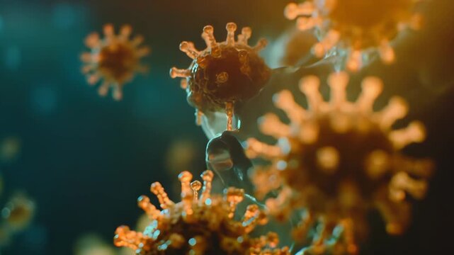 Microscopic 3d rendering of spiked virus particles replicating and invading healthy cells, visualizing pandemic spread, infection, mutation and global health threat