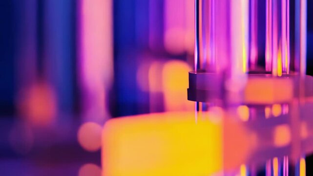 Abstract design featuring vertical glass columns and connecting elements reflecting vivid neon purple and orange light, creating a futuristic and dynamic visual with transparent qualities