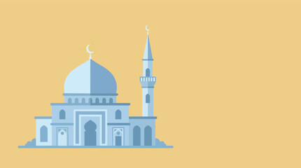 Fototapeta premium Blue mosque vector illustration with Islamic dome, crescent moon and minaret on warm beige background, elegant Ramadan and Eid Mubarak architecture artwork design.
