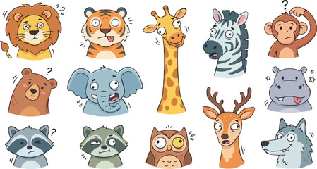 Fototapeta premium Set of Cute Cartoon Animal Heads With Funny Confused Expressions On A Plain Light Cream BackgroundPrint