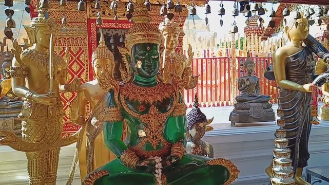 Intricate Golden Ornaments and Sacred Buddha Statues Inside Wat Phra That Doi Suthep Temple in Chiang Mai, Thailand.