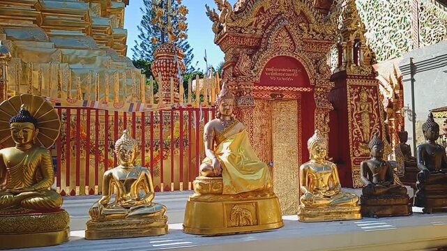 Intricate Golden Ornaments and Sacred Buddha Statues Inside Wat Phra That Doi Suthep Temple in Chiang Mai, Thailand.