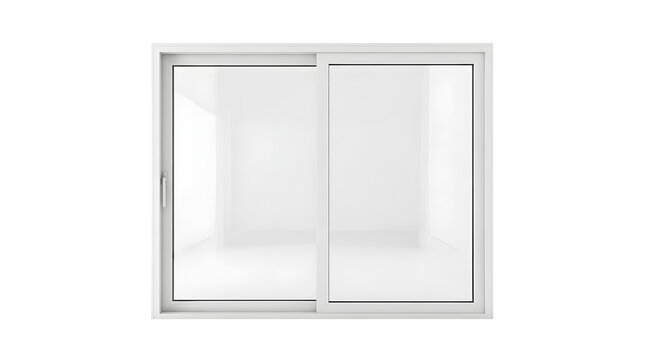 Modern white sliding window isolated on white background, contemporary vinyl window frame for home renovation, minimalist glass sliding door