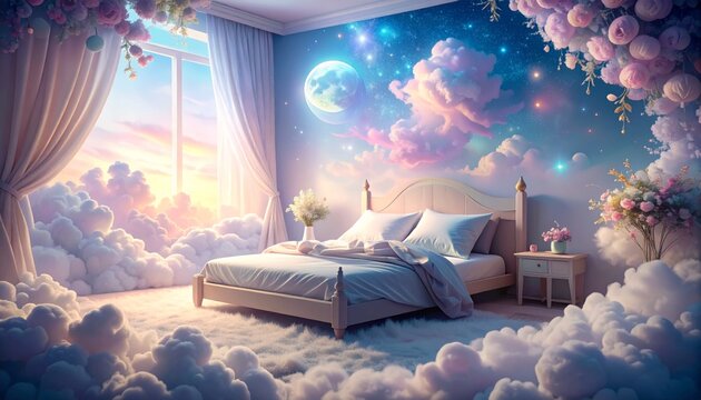 A serene bedroom amidst fluffy clouds.
