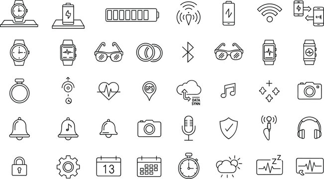 Smart Wearable Technology Line Icon Set With Watches, Wireless Signals, Battery, Bluetooth, Camera, and Digital Devices