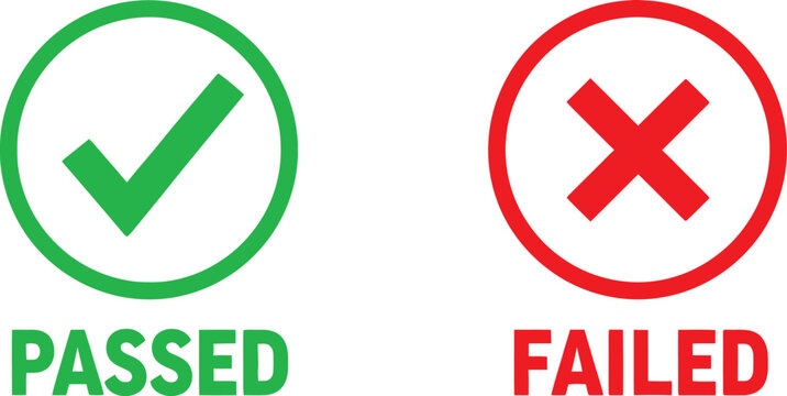 Green check mark passed and red cross mark failed icons for survey evaluation and testing results isolated signs Vector