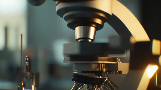 Close up view of a sophisticated optical microscope focusing on a sample slide, symbolizing scientific discovery, technological advancement, and detailed medical research in a biology laboratory