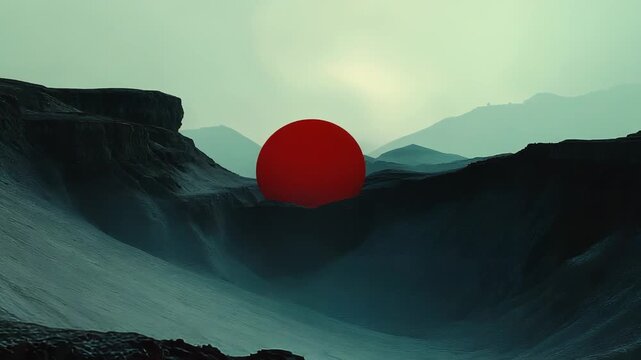 Red orb hovers above layered desert mountains, casting glowing light over flowing mist and canyons for a surreal, dreamlike landscape that feels remote and otherworldly
