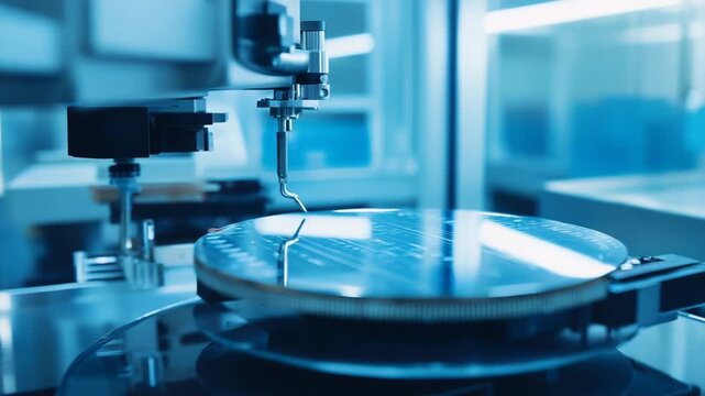 Robotic probe testing a silicon wafer in a cleanroom, highlighting precision automation and advanced semiconductor manufacturing, microchip inspection and quality control