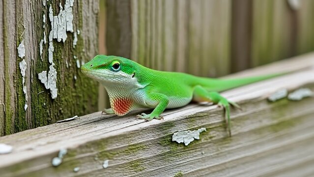 Green lizard on wooden fence outdoors.