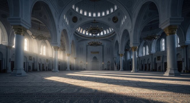 Sunlight filters through arches in a grand mosque interior with columns