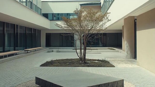 Inner courtyard with clean modern architecture, a small zen garden with a tree, a floating stone bench, and surrounding glass facades creating a tranquil urban oasis
