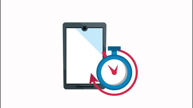 Animated graphic of tablet showing delivery box and stopwatch indicating fast shipping or time tracking.
