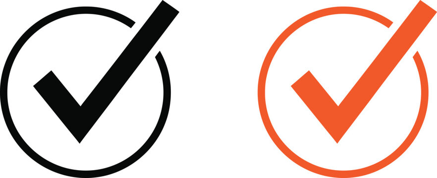 Black and orange check mark icons inside circles for website buttons and user interface design elements Vector
