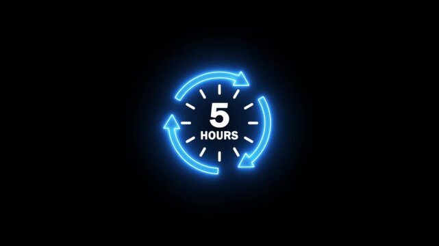 A bright neon purple circular arrow clock face displaying the number five and the word hours on a black background.