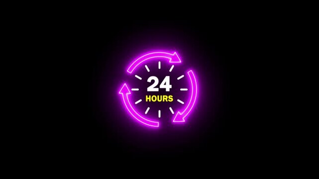 A bright neon purple circular arrow clock face displaying the number 24 and the word hours on a black background.