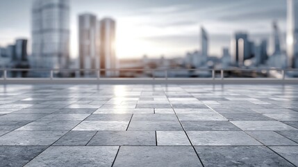 Fototapeta premium Modern Cityscape Rooftop Terrace with Tiled Floor and Blurred Skyscrapers at Sunrise