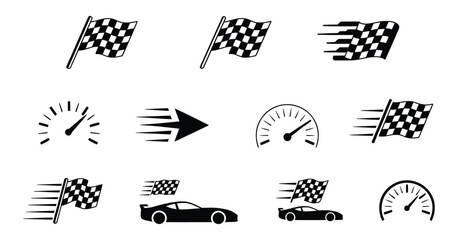 Racing Checkered Flags Icon Set Featuring Speed Motion Symbols Fast Movement Motorsport Vector Illustration Isolated on White Background © Melissa J. Abrams