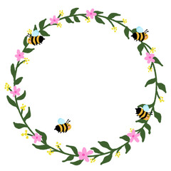 Fototapeta premium Cute Bee Floral Wreath Frame with Pink Flowers Hand Drawn Illustration