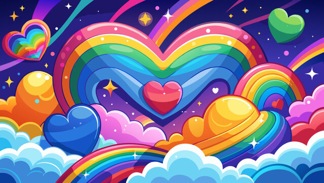 Colorful rainbow heart, whimsical illustration, vibrant clouds, love symbol, vector graphics